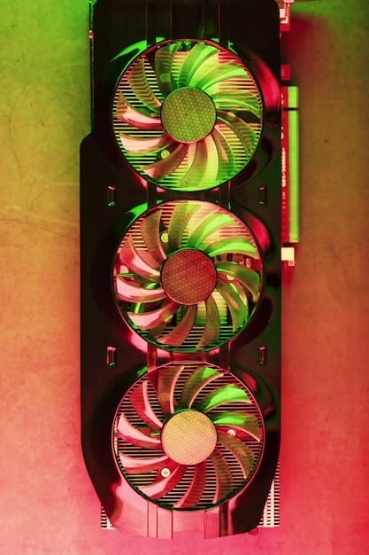 A detailed close-up of a high-end graphics card with visible cooling solutions and intricate circuitry. The background is a blurred image of a gaming PC setup.