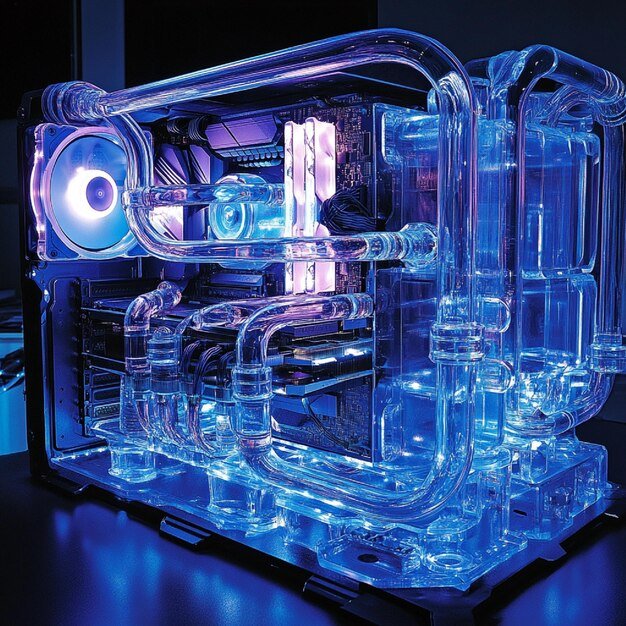 A custom water-cooling setup inside a PC case. The setup includes a reservoir, pump, clear tubing, and water blocks installed on the CPU and GPU. Coolant with a vivid color flows through the tubes, creating a visually appealing and functional cooling system.