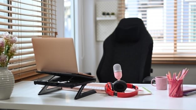 A well-organized desk setup showing a streamer using a high-quality XLR microphone mounted on a boom arm, connected to an audio interface. The streamer is also wearing headphones, and the audio interface is within easy reach for adjustments.