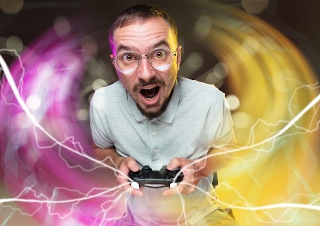 A person happily celebrating, surrounded by Xbox controllers and achievement notifications on a large screen, illustrating the joy of unlocking achievements.