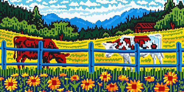 A vibrant scene from 'Stardew Valley' showcasing a player's farm with crops, animals, and various buildings. The image highlights the game's pixel art style and the bustling activity of farm life.