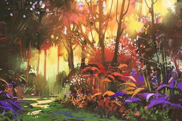 A screenshot from an indie game with a striking hand-painted art style. The scene depicts a lush forest with vibrant colors and intricate details, showcasing the game's unique visual aesthetic.