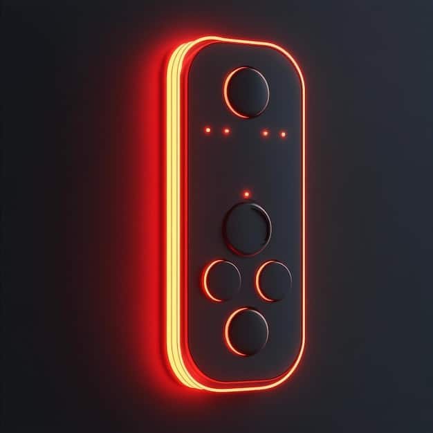 A close-up of the PlayStation 5's power button, with the orange light indicating that the console is in Rest Mode. Soft ambient lighting accentuates the texture of the console's surface.