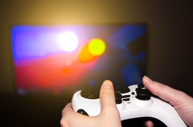 A person's hands adjusting the brightness settings on a Nintendo Switch screen in a dimly lit room, emphasizing the impact of screen brightness on battery life. The focus is on the screen and the user's interaction with the settings.