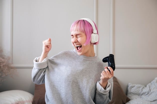A gamer wearing a headset and enthusiastically playing a Nintendo Switch game online. The image shows the gamer focused on the screen and communicating with teammates. The background displays a comfortable gaming setup with mood lighting, emphasizing the immersive and enjoyable online gaming experience.