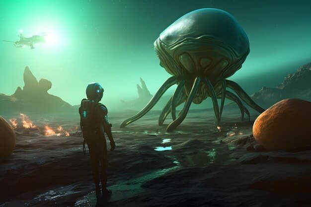 A promotional image for the NES game Metroid, featuring Samus Aran in her power suit standing on a desolate alien landscape.